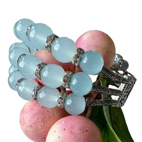 Triple Strand Aqua Bead Bracelet with Rhinestone Spacers and Silver-Tone Accents - Picture 6 of 10